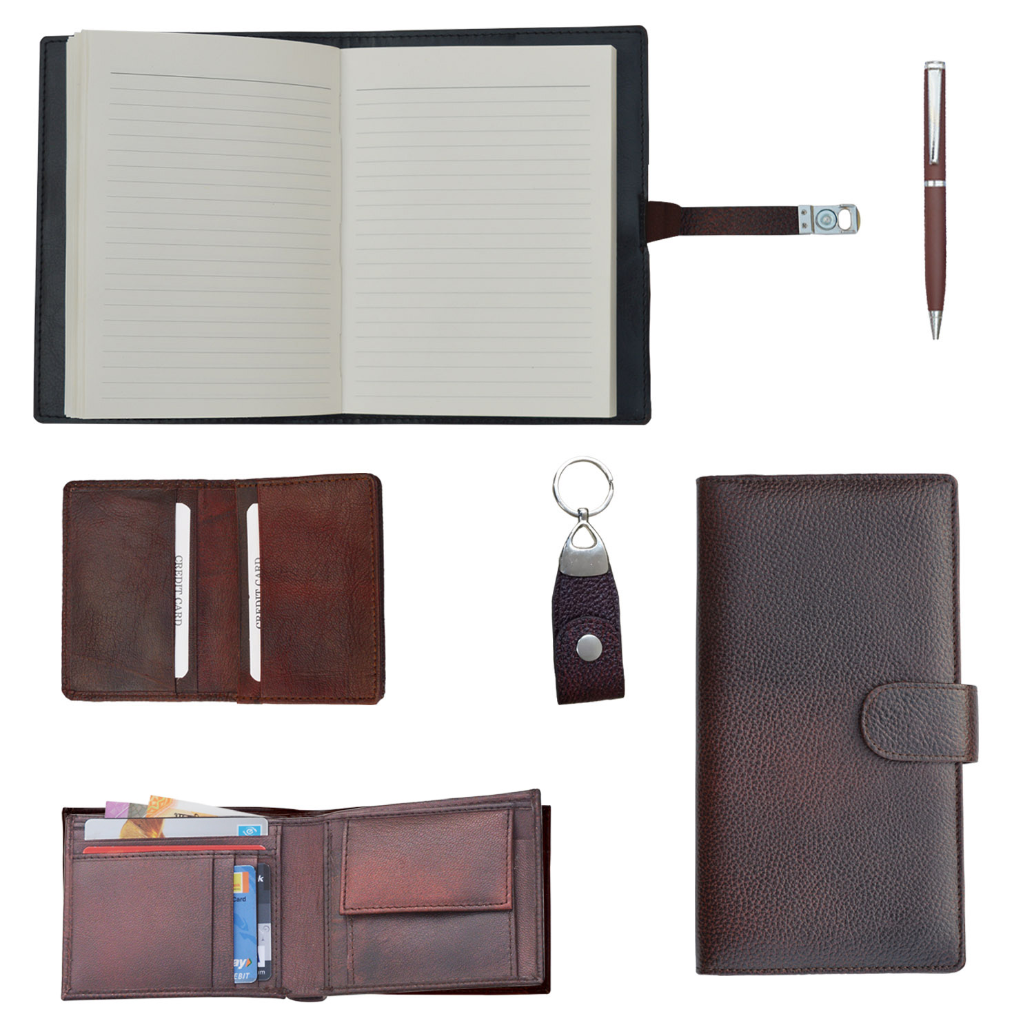 6-In-1 Combo Of Notebook, Travel Wallet, Male Wallet, Card Holder, Key Ring & Metal Pen Gift Set - Application: Corporate