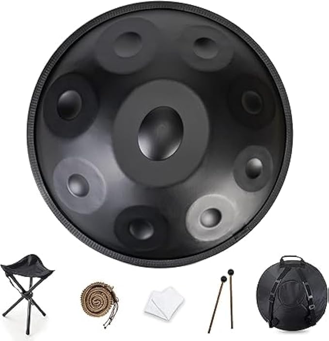 MegArya Professional Handpan D Minor 9 Notes Steel Tongue Drum, 22 Inch Steel Hand Drum, 432HZ, With Soft Handpan Bag, 2 Handpan Mallets, Handpan Stand, Cleaning Cloth and Belt - Color Black