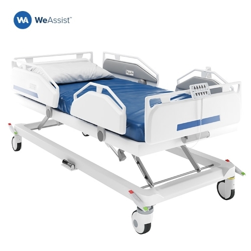 Three Function Hospital Bed - Metal Rectangular Shape Polished Finishing Color: White & Blue | 4 Castors Skin Friendly Electric Power Source
