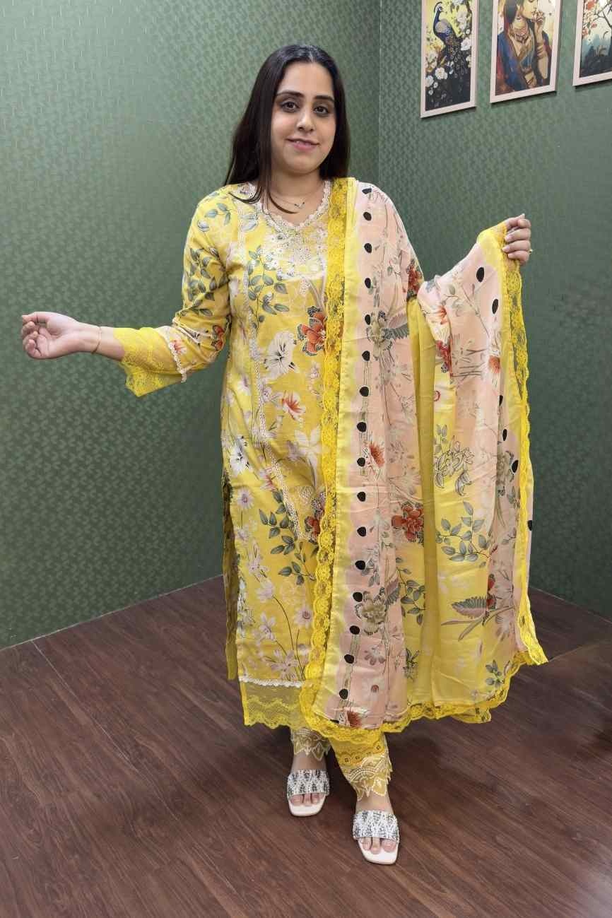 Sunshine Yellow Floral Lawn Cotton Pakistani Suit Set, Readymade Lawn Suit with Dupatta