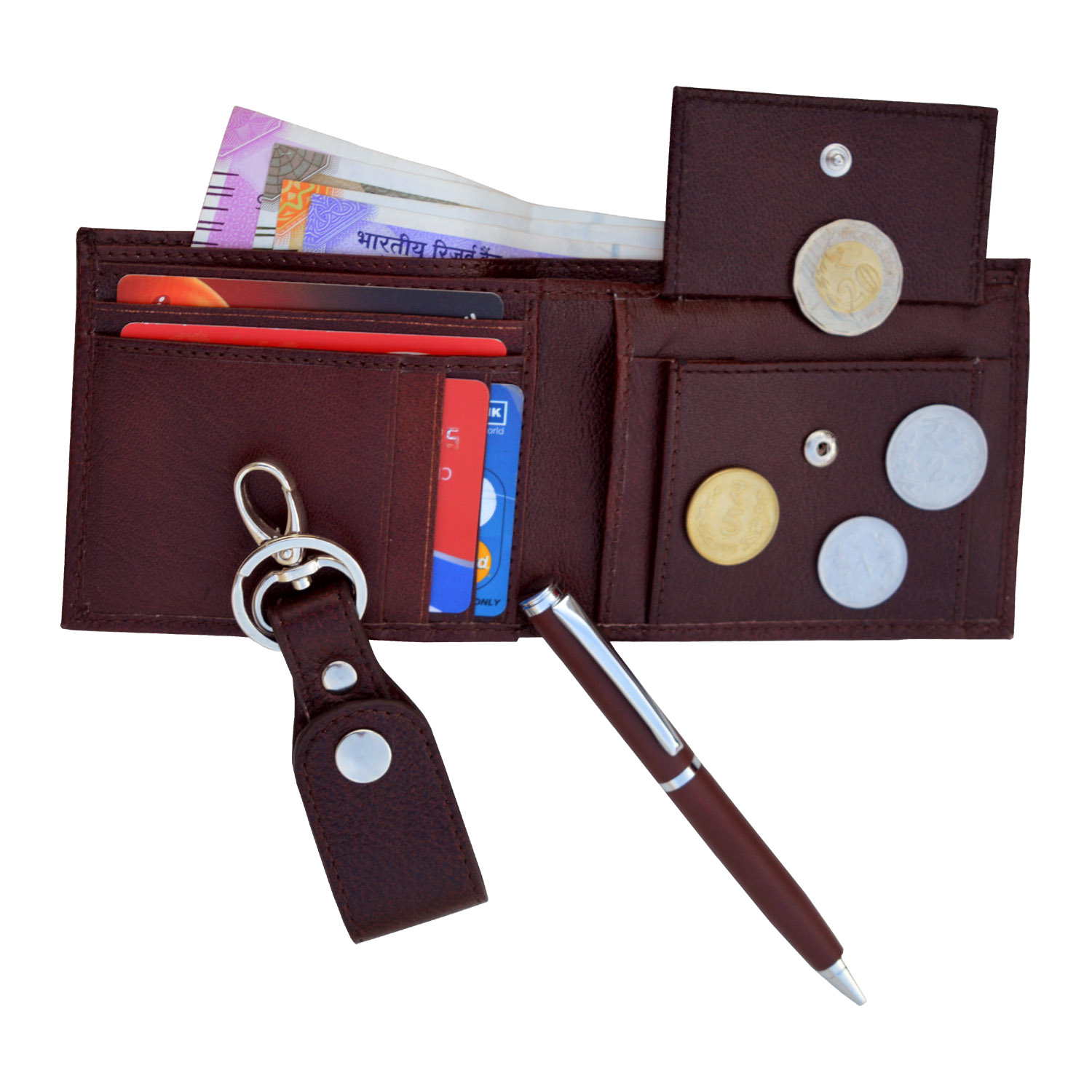 7409 3-In-1 Gift Combo Of Wallet, Key Ring & Pen Set - Color: Brown