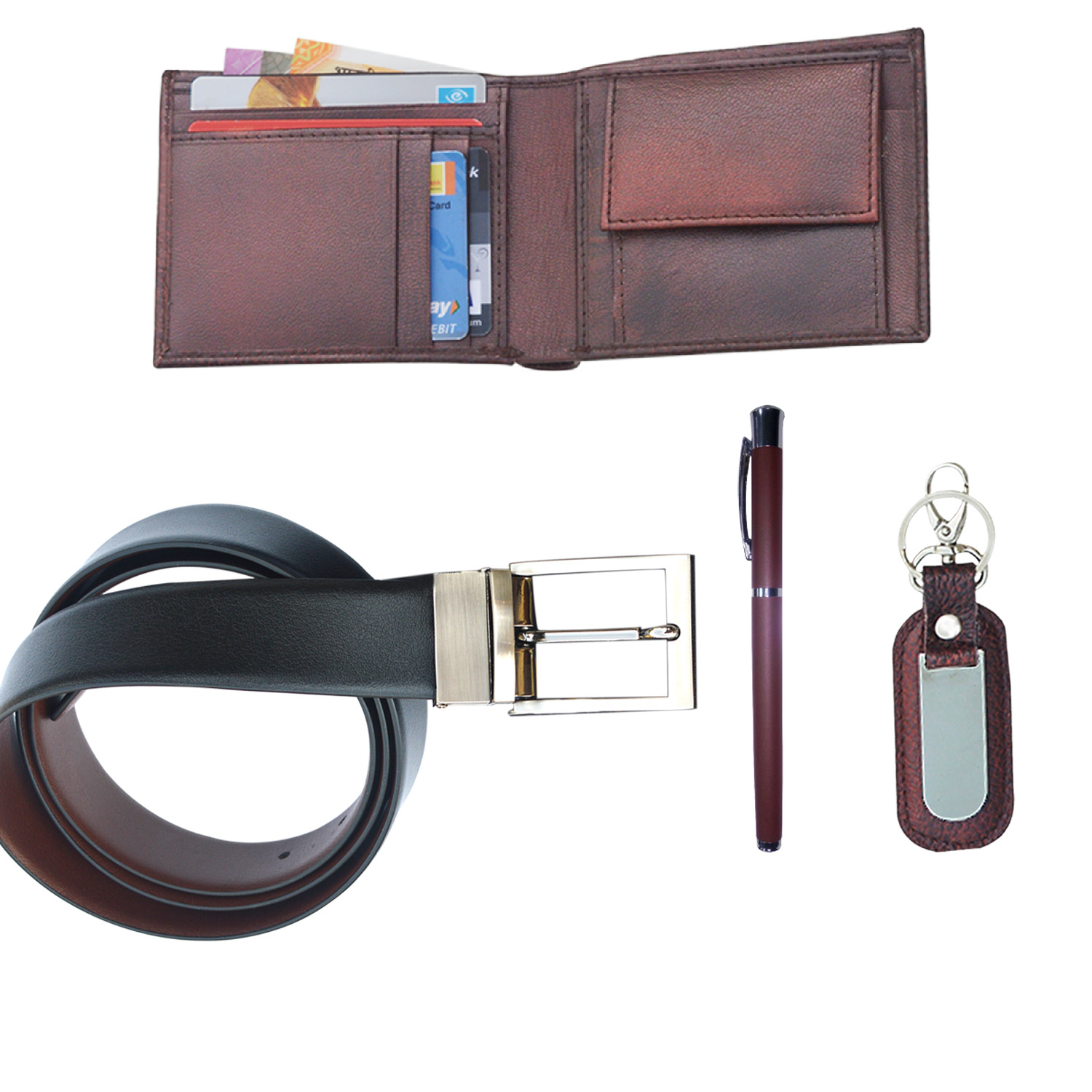 Set 7444 Cb 4-In-1 Combo Of Wallet, Reversible Belt, Key Ring & Metal Roller Pen