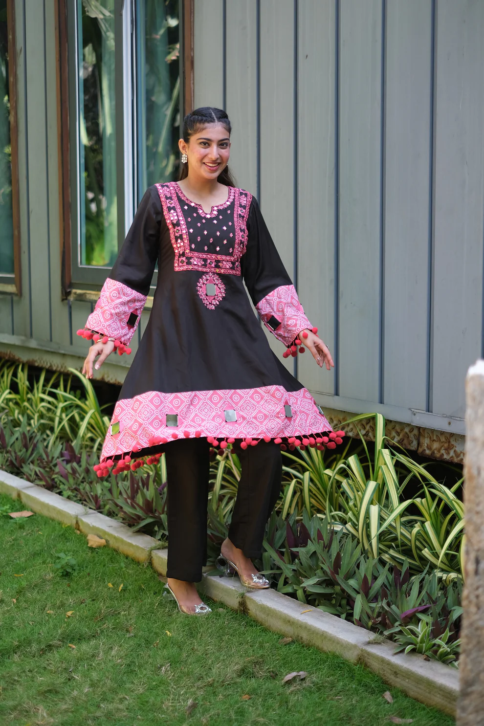 Black Pure Roman Silk Designer Mirror Co-ord set