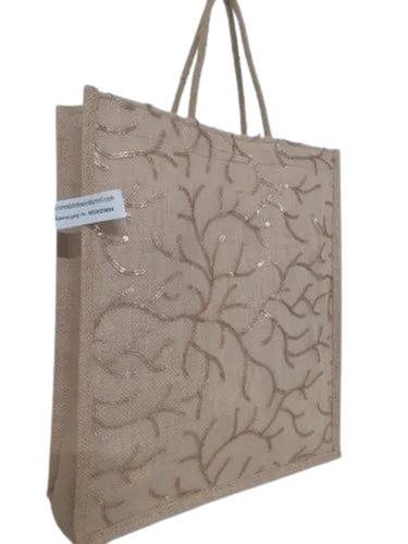 Brown Embroidery Shopping Jute Bag
