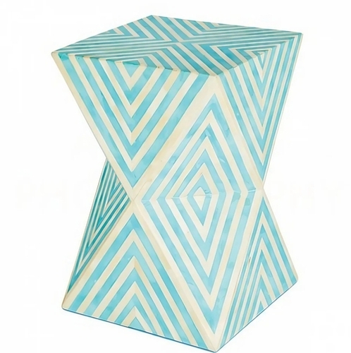 Designer Bone Inlay End Table - White Wood 56cm l x 46cm d x 58cm h | Handcrafted Design with Geometric Pattern Two Drawers & Ample Storage