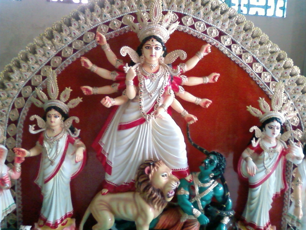 Fiberglass Ek Chali Rural White & Red Saree Durga Idol Family - Color: Muti Colour Polish