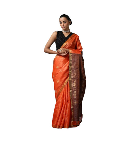 Handmade Orange Kosa Silk Saree