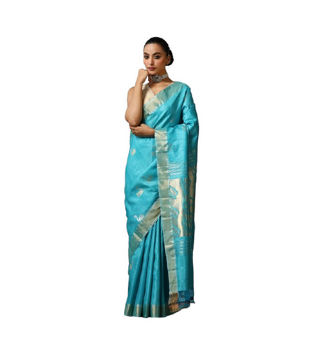 Handmade Sky Blue Kosa Silk Saree - Silk, Sky Blue, Party Wear | Duck Design, Leaf Patterns, Skin Friendly