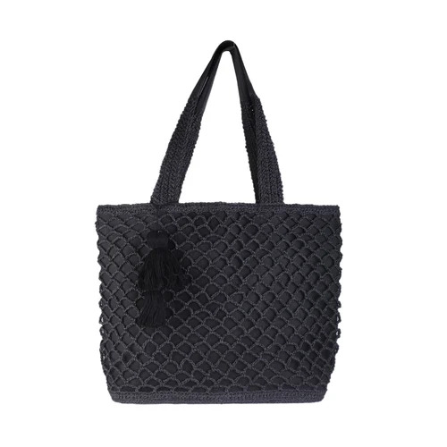 रफिया क्रोशे और शिमर फैब्रिक शोल्डर बैग