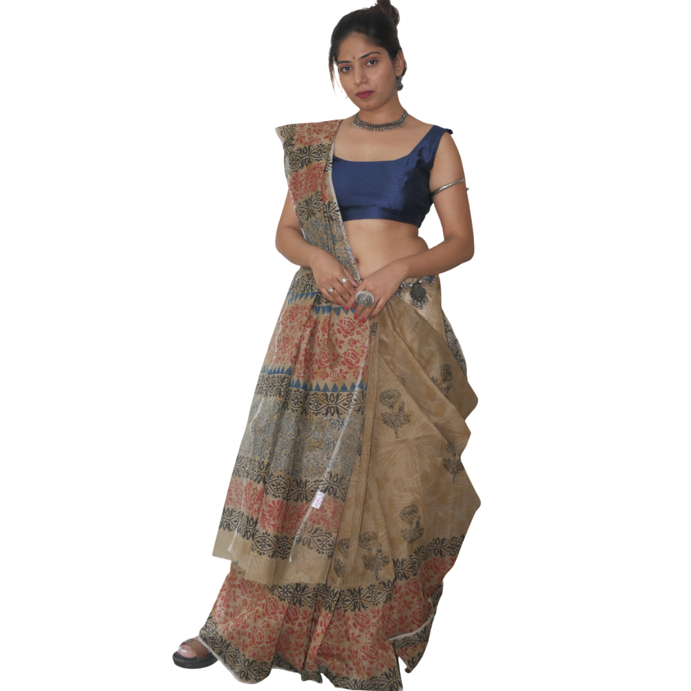 Hand Block Printed Akaroa Beige Saree With Blue And Red Floral Pattern - Color: Biege