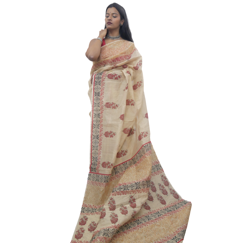 Hand Block Printed Beige Saree With Black, Brown And Red Design - Color: Biege