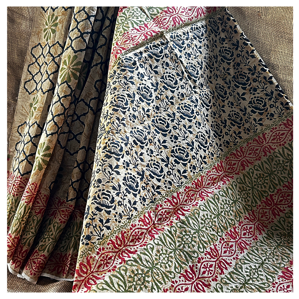Hand Block Printed Beige Saree With Green, Black And Red Floral Pattern - Material: Chanderi Silk