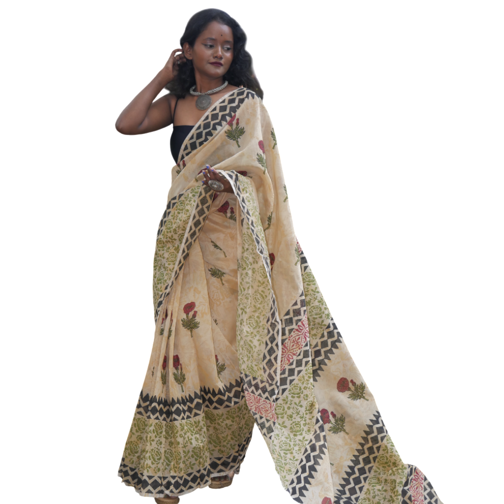 Hand Block Printed Beige Textured Saree With Broad Green Border And Red Floral Motifs - Material: Chanderi Silk