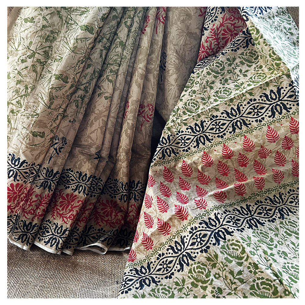 Hand Block Printed Biege Textured Saree with Red Floral Motifs