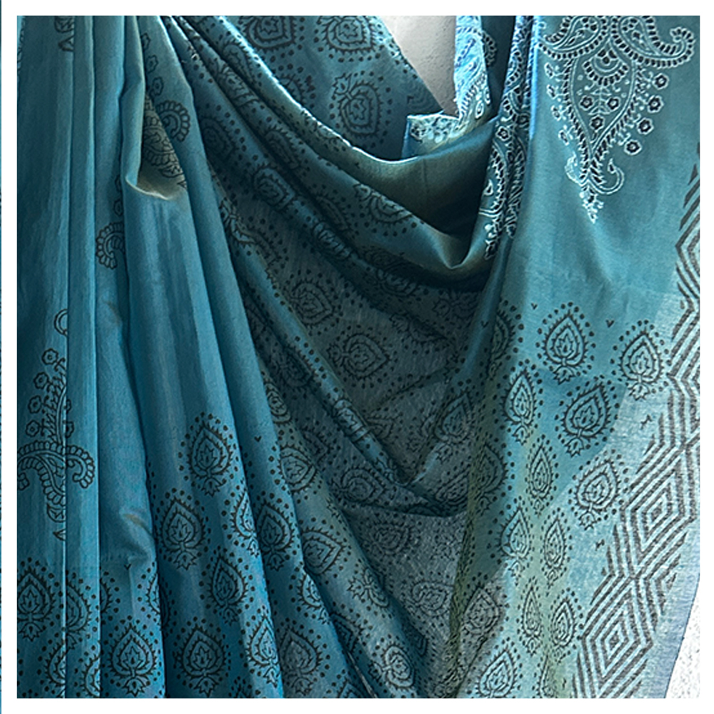 Hand Block Printed Blue Saree With Black Intricate Design - Material: Chanderi Silk
