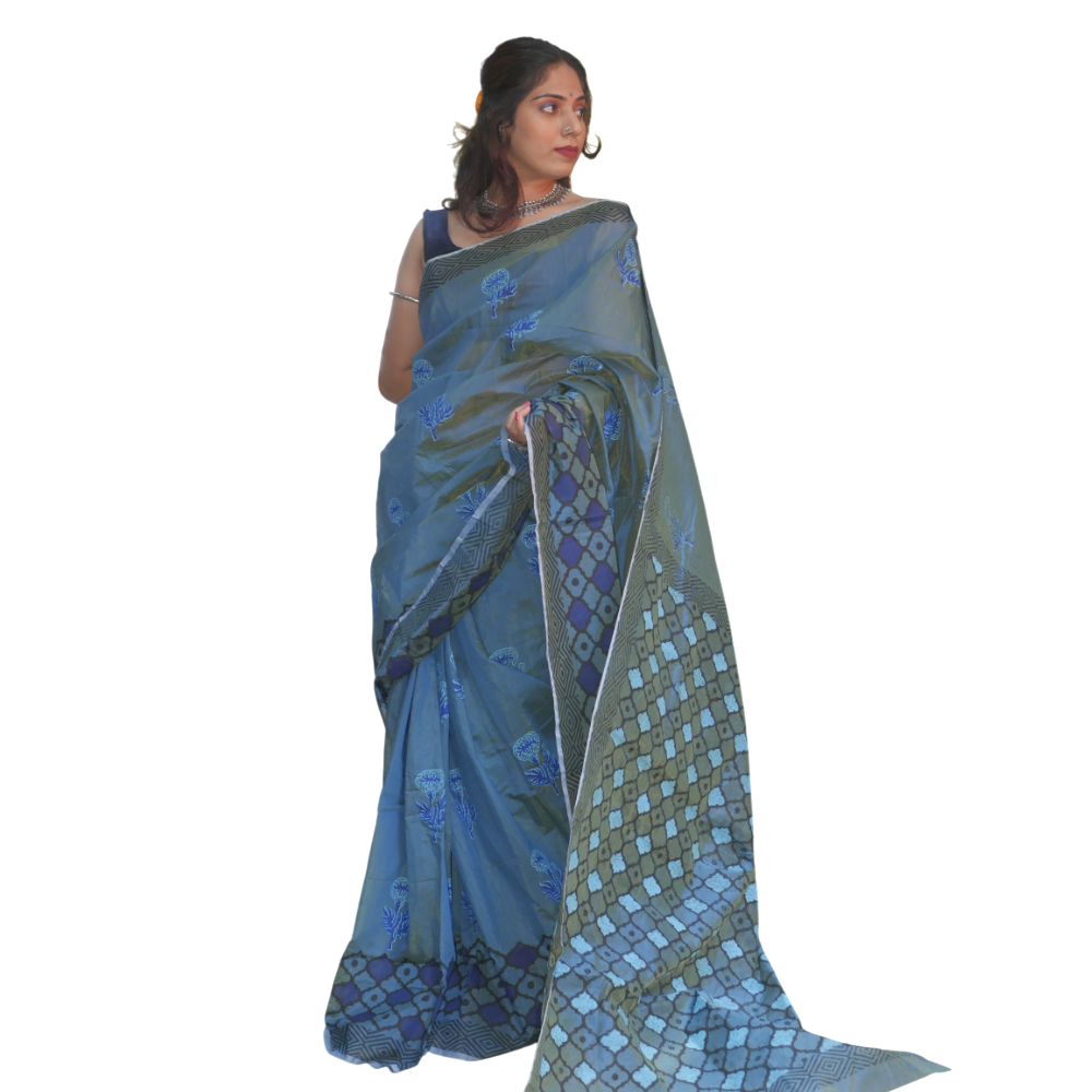 Hand Block Printed Blue Saree With Teal Blue And Black Motifs - Material: Chanderi Silk
