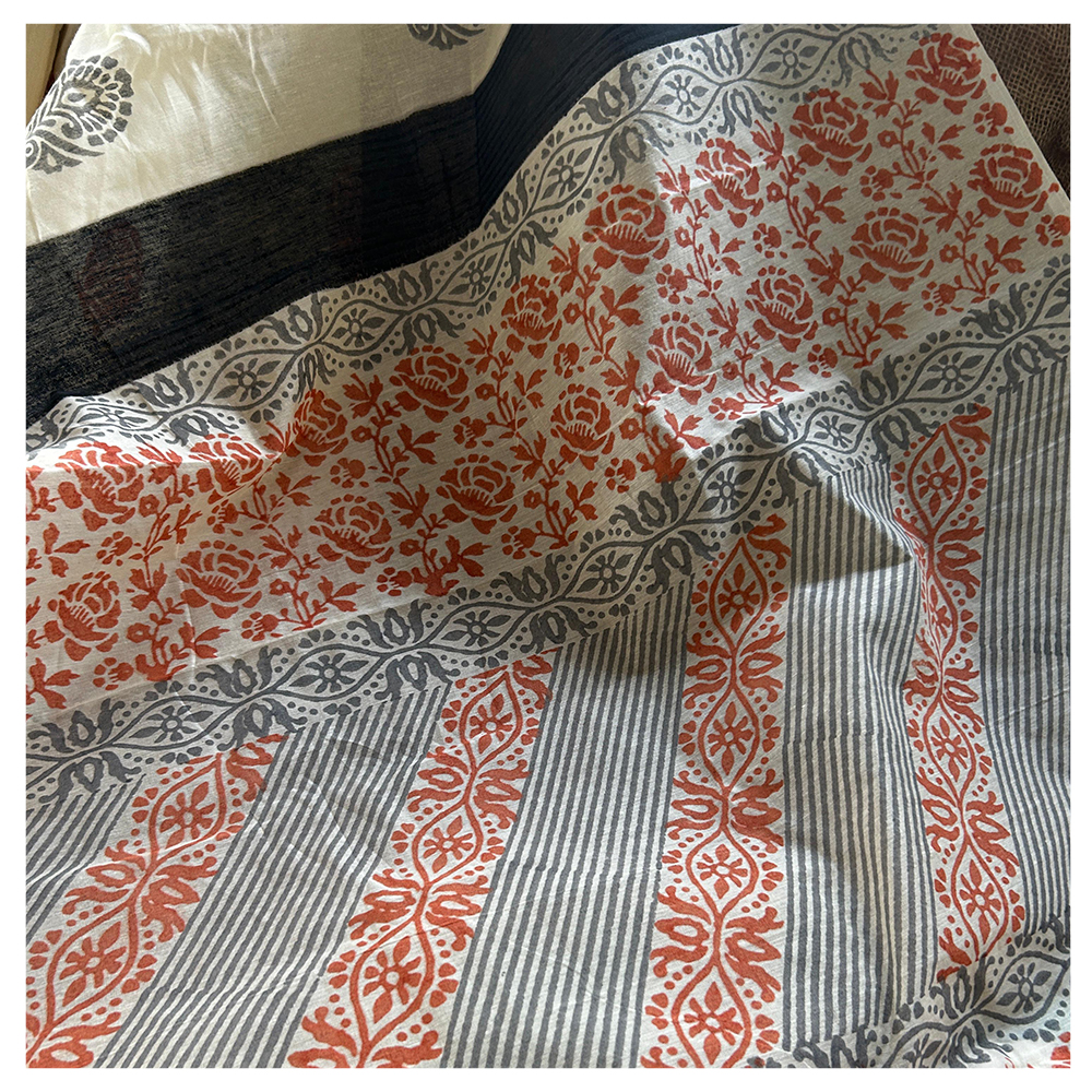 Hand Block Printed Cream Color Saree Wih Rust And Black Design - Material: Chanderi Silk