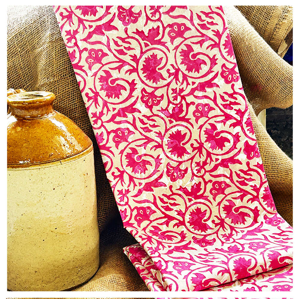 Hand Block Printed Khadi Cotton Kurti Material With Pink Overall Print - Pattern: Floral