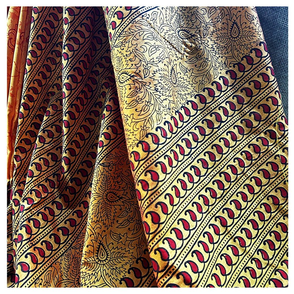 Hand Block Printed Orange Saree With Mango Shape Border - Material: Chanderi Silk