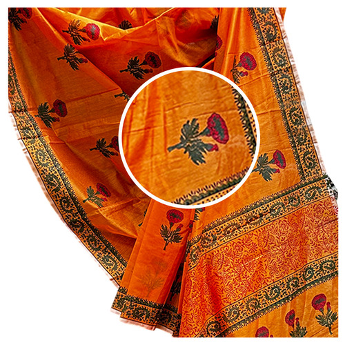 Hand Block Printed Orange Saree With Red Flower Butti - Material: Chanderi Silk