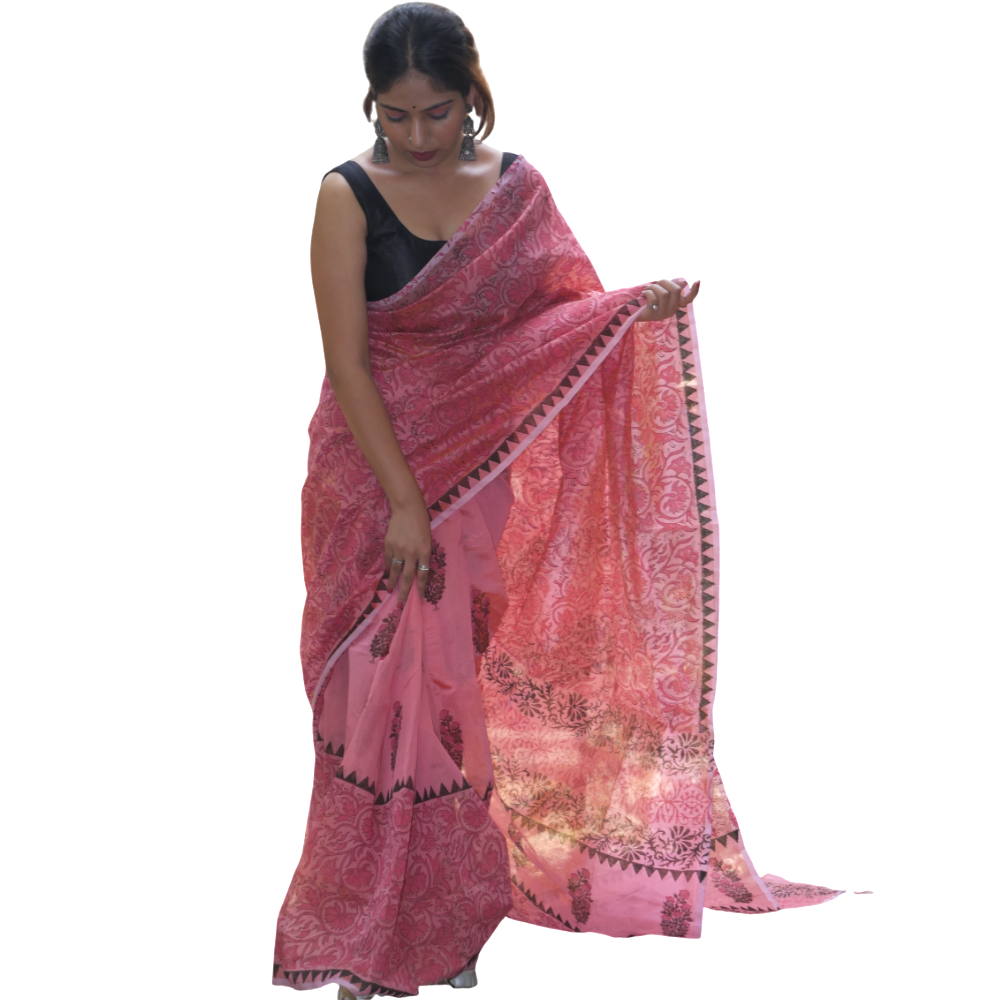 Hand Block Printed Pink Saree - Material: Chanderi Silk