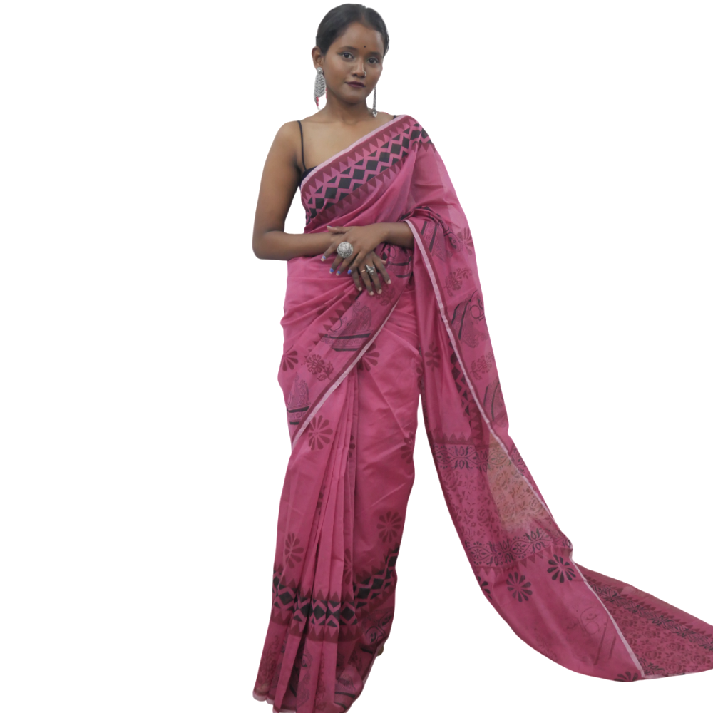Hand Block Printed Pink Saree With Ethnic Lady Face And Floral Motifs - Material: Chanderi Silk