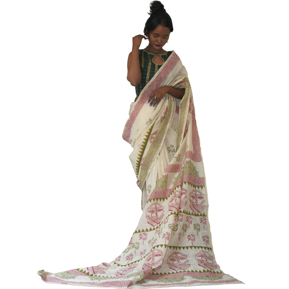 Handblock Printed Cream Color Saree with Lady Face