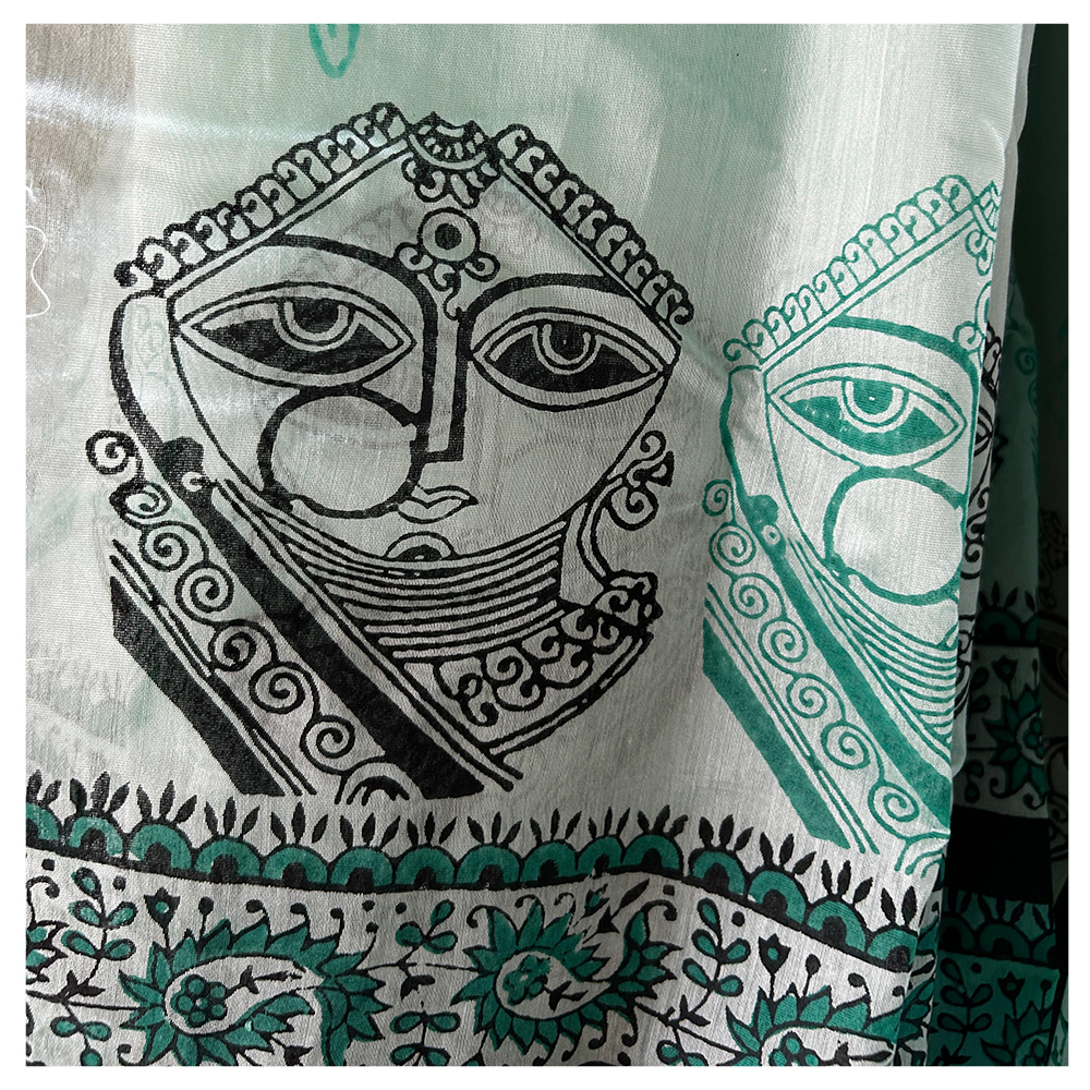 Handblock Printed Light Pastel Green Saree With Lady Face - Material: Chanderi Silk