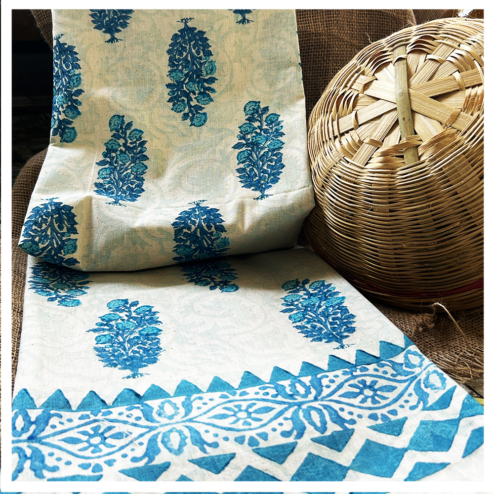 Qyaari By Penkraft Hand Block Printed Khadi Cotton Kurti Material With Blue And Teal Floral Buttis