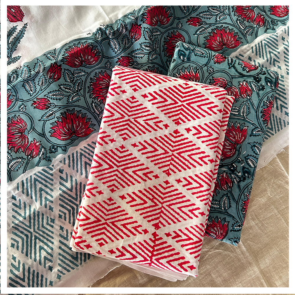 Qyaari By Penkraft Hand Block Printed Slate Blue And Pink Cotton Dress Material With Dupatta