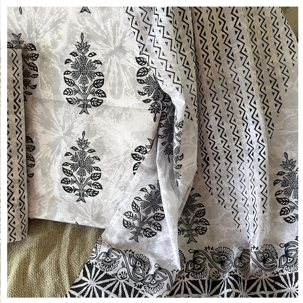 Hand Block Motifs Printed White Cotton Dress Material With Dupatta