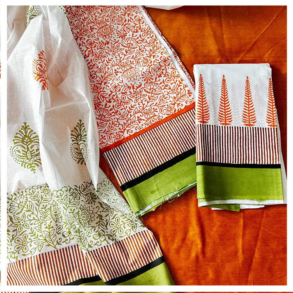 Hand Block Printed Indian Tri Color Cotton Dress Material With Dupatta