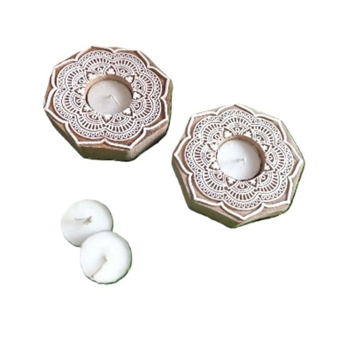 Wooden Block Candle Holder - Wood Material, 11L x 11W x 3H Centimeters, Brown White | Printed Design, Round Shape, Home & Wedding Decoration