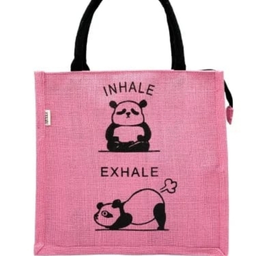 Inhale Exhale Panda Design Print Jute Tote Bag