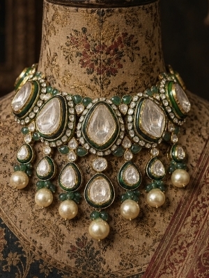 Gold Kundan Polki Necklace Set - Customizable Size | Gorgeous Finish, Color Fade Resistant, Enhances Wearer's Elegance for Weddings and Gifts