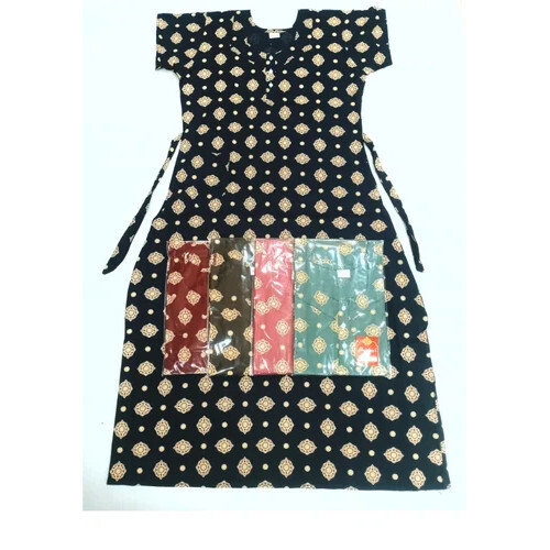 Floor Printed Ladies Night Dress - Color: Black