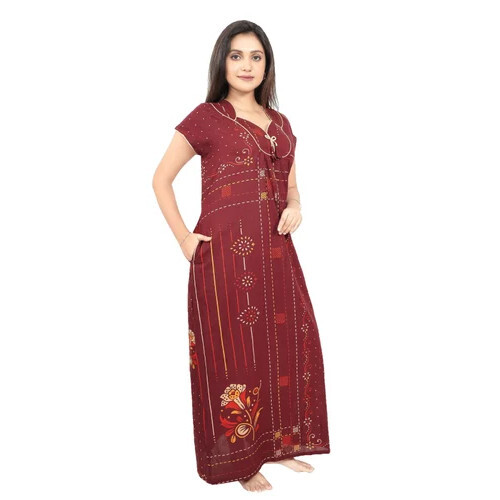 Women Ladies Floral Print Nighty - Color: Red