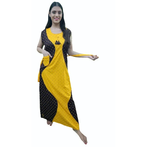 Yellow Blue Ladies Cotton Nighty