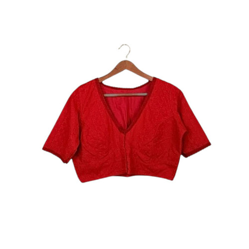 Ladies Red Cotton Stitched V Neck Blouse