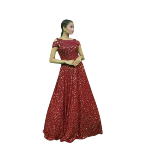 Ladies Burgundy Off Shoulder Imported Lycra Gown - Ethnic Region: Indian
