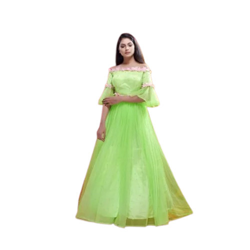 Ladies Parrot Green Pearl Off Shoulder Net Gown