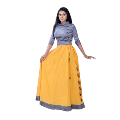 Ladies Party Wear Rayon Gown - Color: Grey And Yellow
