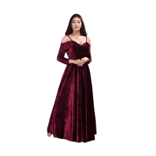 Ladies Plain Velvet Off Shoulder Gown