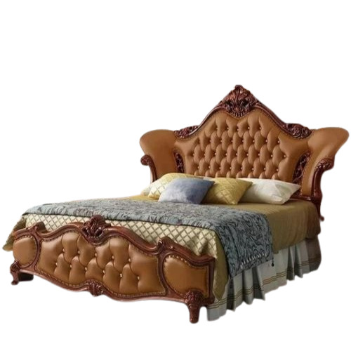 Rexin Leather Wooden Carved Bed