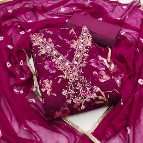 Magenta Floral Printed Handwork Pure Cotton Dress