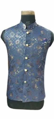 Mens Designer Blue Printed Nehru Jacket