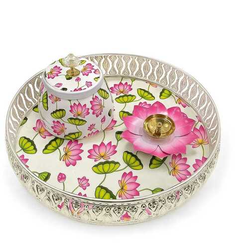 Designer Lotus Pooja Thali Set with Diya & Storage Box AcA A Floral Silver Round Tray