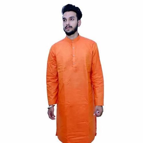 Mens Orange Cotton Plain Kurta Pajama