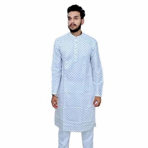 Mens White Cotton Printed Kurta Pajama