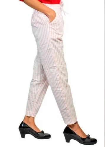 Ladies White Cotton Striped Pant